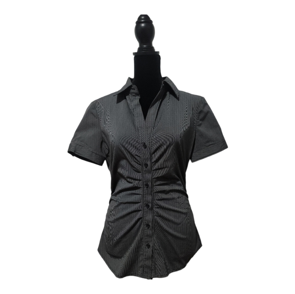 New York and Co.  Short Sleeve Dress Shirt|Black w/White Pinstripe w/ Ruching|S